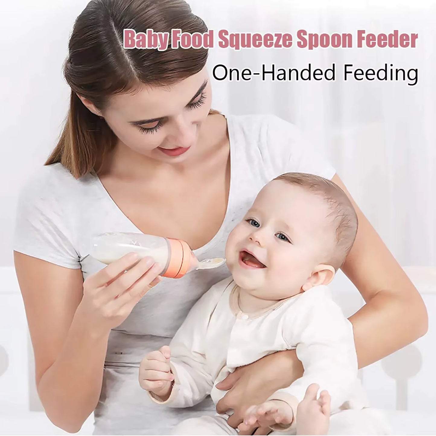 Depressible Silicone Baby Feeding Bottle with Squeeze Spoon Safe Toddler Training Feeder for Milk & Food Supplement