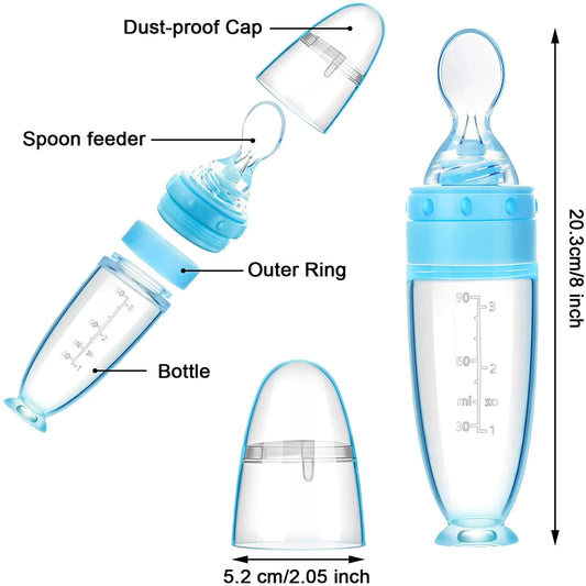 Depressible Silicone Baby Feeding Bottle with Squeeze Spoon Safe Toddler Training Feeder for Milk & Food Supplement