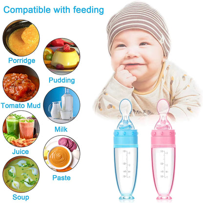 Depressible Silicone Baby Feeding Bottle with Squeeze Spoon Safe Toddler Training Feeder for Milk & Food Supplement