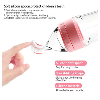 Depressible Silicone Baby Feeding Bottle with Squeeze Spoon Safe Toddler Training Feeder for Milk & Food Supplement